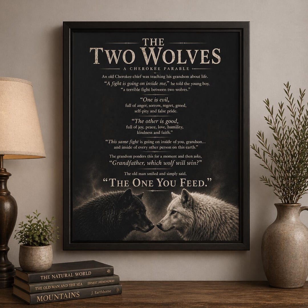 Two Wolves Canvas, Cherokee Parable Wall Art, Inspirational ...