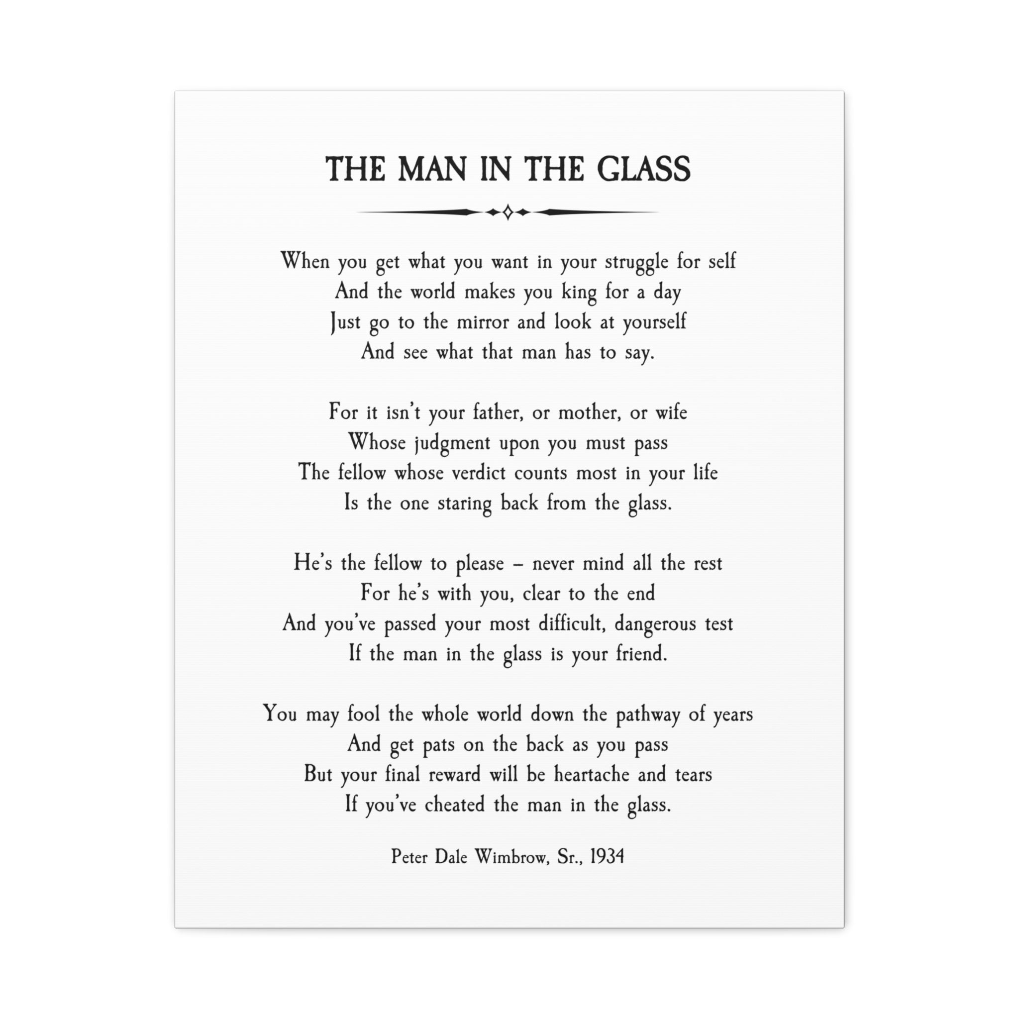 The Man in the Glass Poem, Peter Dale Wimbrow Sr., Canvas Gallery Wrap, Inspirational Quote, Not