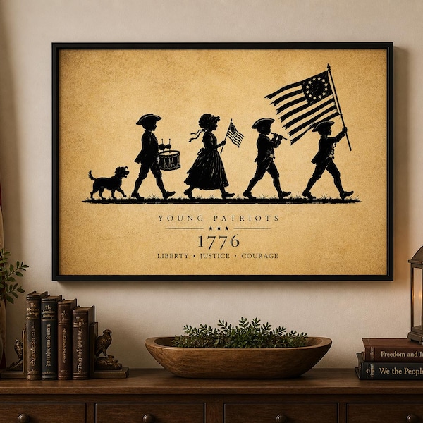 Young Patriots 1776 Wall Art, Revolutionary War Kids Silhouette Print, Vintage Americana Canvas Decor, Fourth of July Patriotic Art