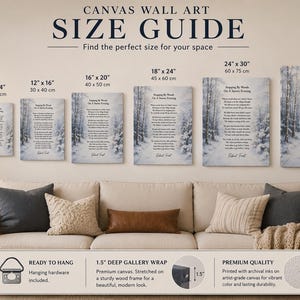 May include: A canvas wall art size guide, showing sizes from 20 x 25 cm to 76 x 102 cm. Each canvas print features a winter forest scene with a poem. The canvases are stretched on a wooden frame and ready to hang.
