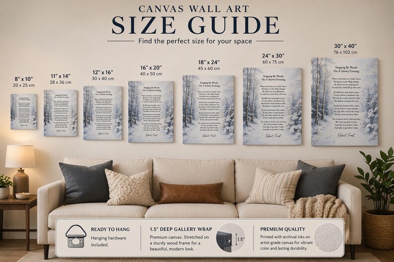 May include: A canvas wall art size guide, showing sizes from 20 x 25 cm to 76 x 102 cm. Each canvas print features a winter forest scene with a poem. The canvases are stretched on a wooden frame and ready to hang.