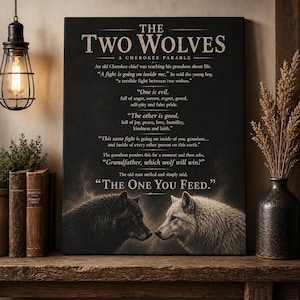 Two Wolves Gallery Wrap Canvas, Cherokee Parable Wall Art, Inspirational Motivational Gift, Office Decor