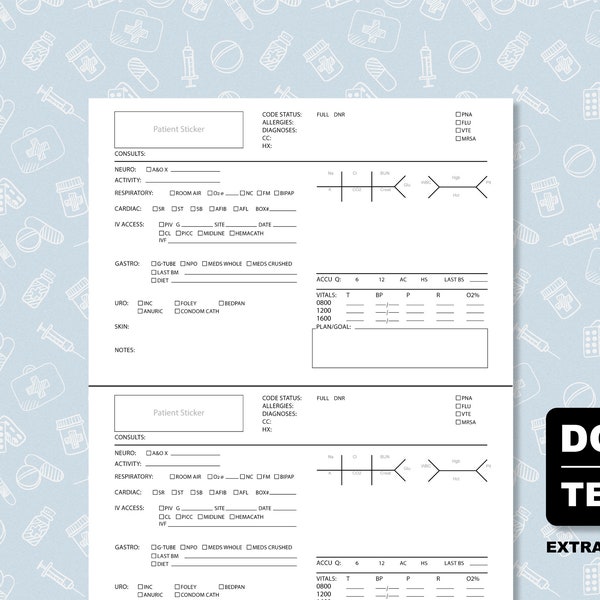 Nursing Brain Sheet, perfect for DOU, Telemetry or New Grads (EXTRA SPACE) - Features Vital Information, Labs and for Report 8.5 x 11