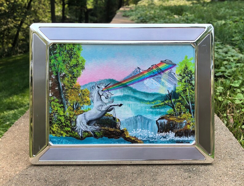 Bob Ross Style Painting with UFO, Unicorn, Rainbow, Mountains, shops Trees, Water, Vintage Frame, Acrylic