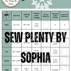 May include: A green and white chart with the title "Quilt Back Cheatsheet" and a table listing different quilt sizes, backing sizes, vertical seam yardage, vertical reference, horizontal seam yardage, and horizontal reference. The table includes the following quilt sizes: Baby, Twin, Full, Queen, and King.