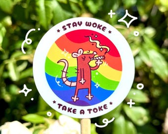 Stay Woke Take a Toke Sticker: Rainbow Stoner Rat