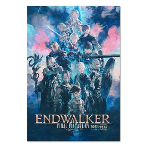 May include: A colorful fantasy art poster featuring a group of characters from the video game Final Fantasy XIV: Endwalker. The poster has a blue and pink background with the text "Endwalker" and "Final Fantasy XIV" in large, bold letters. The characters are arranged in a circle around the text, and they are all wearing different outfits and holding weapons.