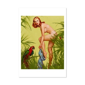 Bare Essentials Vintage Style Elvgren Jungle Parrot Pin-Up Poster | For Gifts and Wall Art Décor