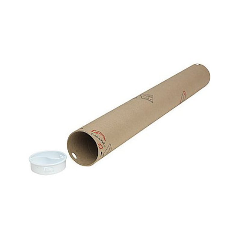 Op de afbeelding: Een bruine kartonnen buis met een witte plastic eindkap. De buis heeft een rood en wit logo met de tekst "Pull-to-Roll".