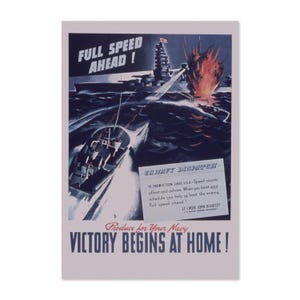 1940s Navy Poster - Victory Begins at Home! Vintage Style WW2 Poster | Classic World War II Art | For Veteran Gifts and Wall Art Décor