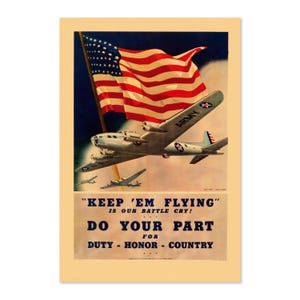 1940s Keep &#39;Em Flying! WWII Army Air Corp Recruiting Poster | Classic World War II Art | For Veteran Gifts and Wall Art Décor
