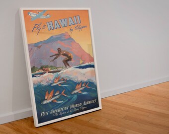 Fly to Hawaii - 1940s Vintage Surfing Travel Poster 01 | Classic