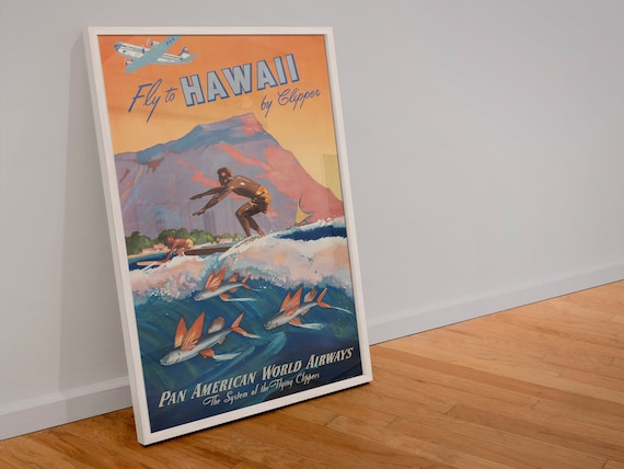 Fly to Hawaii - 1940s Vintage Surfing Travel Poster 01 | Classic