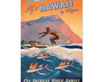 Fly to Hawaii - 1940s Vintage Surfing Travel Poster 01 | Classic