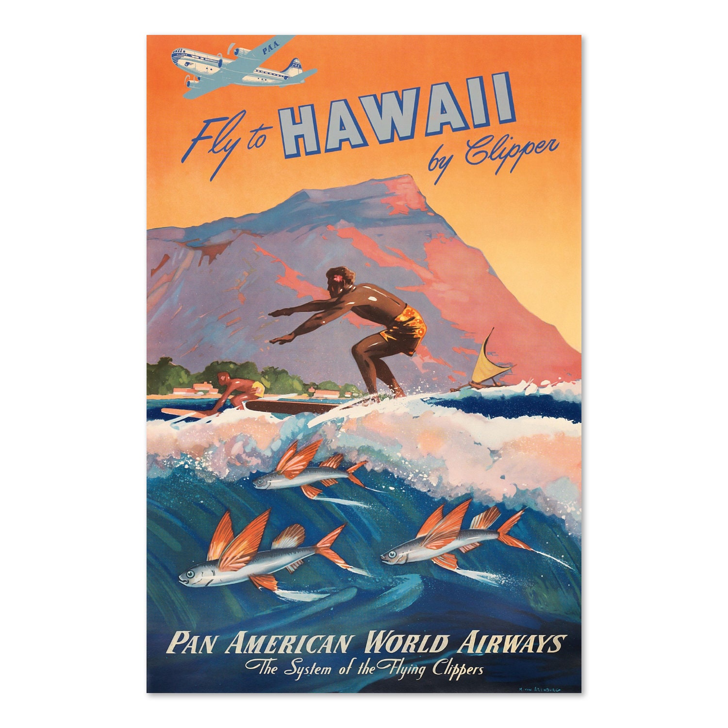 Fly to Hawaii - 1940s Vintage Surfing Travel Poster 01 | Classic
