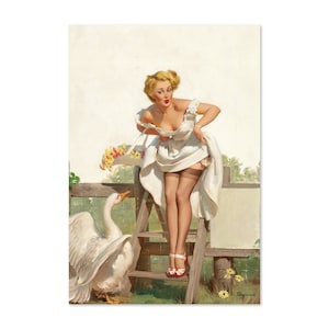 Worth A Gander Vintage Style Elvgren Pin-Up Girl Farm Goose Poster | For Gifts and Wall Art Décor