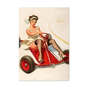 Curving Around Vintage Style Elvgren Pin-Up GoCart Upskirt Poster | For Gifts and Wall Art Décor