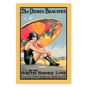 Dunes Beach - 1920s South Shore Line Vintage Style Travel Poster | Classic Collection Art Print | For Gifts and Wall Art Déco