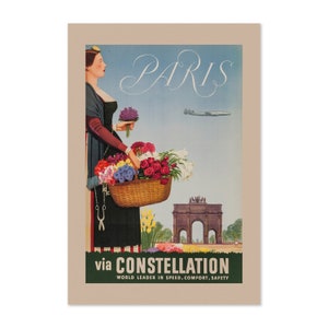 1950s Fly to Paris via Constellation - Vintage Style Travel Poster | Classic Collection Art Print | For Gifts and Wall Art Déco