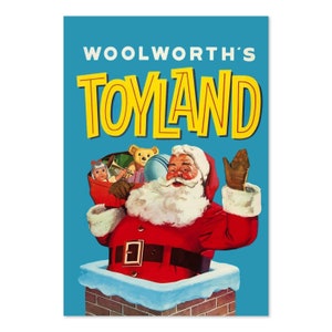 1950er Jahre Weihnachtsmann Woolworth's Toyland Schornstein Vintage Werbeplakat | Klassische Werbung Kunstdruck | Für Geschenke und Wandkunst Dekor