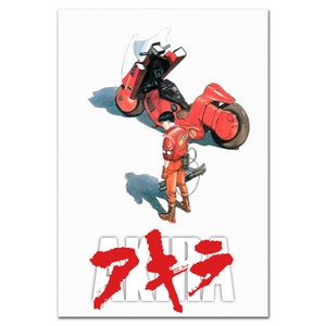 May include: A red and white motorcycle with a character from the anime Akira standing next to it. The motorcycle has a large, open canopy and a single, large wheel in the back. The character is wearing a red jacket and black pants. The text "AKIRA" is written in Japanese characters in red below the motorcycle.