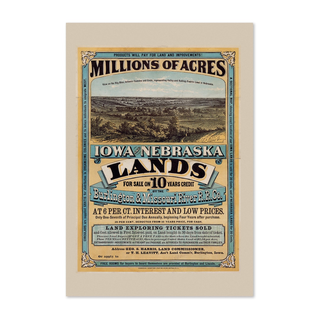 1872 Land for Sale Iowa & Nebraska Pioneer Land Rush Poster