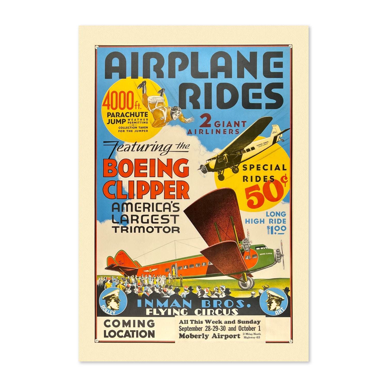 Airplane Rides Barnstorming 1920's Vintage Style Travel Poster