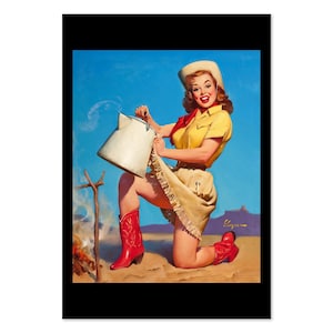 Tops in Service Vintage Style Elvgren Cowgirl Pin-Up Camping Poster | For Gifts and Wall Art Décor