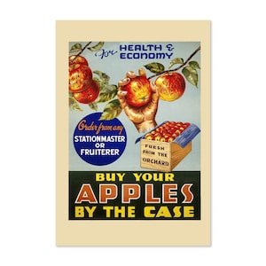 1935 Comprar manzanas para la salud Cartel publicitario de comida de estilo vintage / Impresión de arte de guerra clásica / Para regalos y decoración de arte de pared