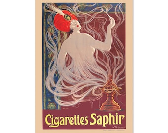 May include: A vintage advertisement for Cigarettes Saphir featuring a woman in a red turban with a feather, surrounded by swirling smoke. The woman is depicted as a genie emerging from a golden lamp.
