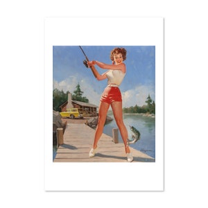 A Good Catch Vintage Style Elvgren Pin Up Girl Fishing Poster | For Gifts and Wall Art Décor