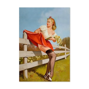 On the Fence Vintage Style Elvgren Pin-Up Girl Upskirt Poster | For Gifts and Wall Art Décor