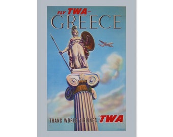 1955 Vuela con TWA a Grecia - Póster de viaje de TWA Airlines estilo vintage / Lámina de la colección clásica / Para regalos y decoración de pared