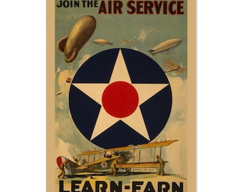 Cartel de la Primera Guerra Mundial de 1917: ¡Únete al Servicio Aéreo! / Lámina clásica de la Primera Guerra Mundial / Ideal para regalos a veteranos y decoración de paredes.