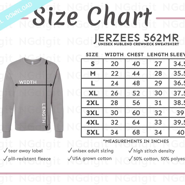 Jerzees 562MR Size Chart • Jerzees Nublend Sweatshirt Size Chart • Jerzees Crewneck Sweatshirt Size Chart • Printify Size Chart Download