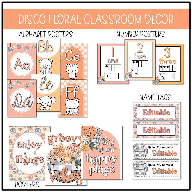 K&ouml;nnte beinhalten: Ein Satz druckbarer Klassenzimmer-Dekorationsposter mit Discokugel- und Blumendesign. Die Poster beinhalten Buchstaben des Alphabets, Zahlen und editierbare Namensschilder. Die Poster haben ein Farbkonzept in Pfirsich und Gelb.