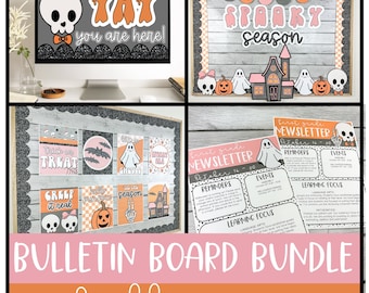 Puede incluir: Un paquete de tablero de anuncios de Halloween con el tema de la temporada espeluznante. El paquete incluye una variedad de letreros, carteles y decoraciones imprimibles con fantasmas, calabazas, calaveras y murciélagos. Los letreros incluyen frases como "Trick or Treat", "Creepy it Real" y "Boo to You".
