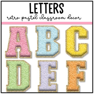 Letras de quadro de avisos pastel retrô | Cartas de patch do time do colégio