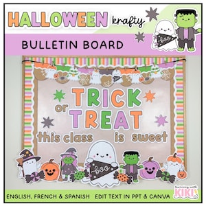 Pode incluir: Um quadro de avisos de Halloween com o texto TRICK or TREAT e this class is sweet. O quadro inclui recortes coloridos de fantasmas, um monstro de Frankenstein, abóboras e doces, com uma borda listrada e uma guirlanda de fantasmas.