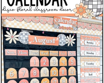May include: A black calendar with a peach and orange color scheme. The calendar is decorated with disco balls and daisies. The month of August is displayed with the days of the week and numbers 1-19. The calendar also includes a section for yesterday, today, and tomorrow, as well as temperature, weather, and season.