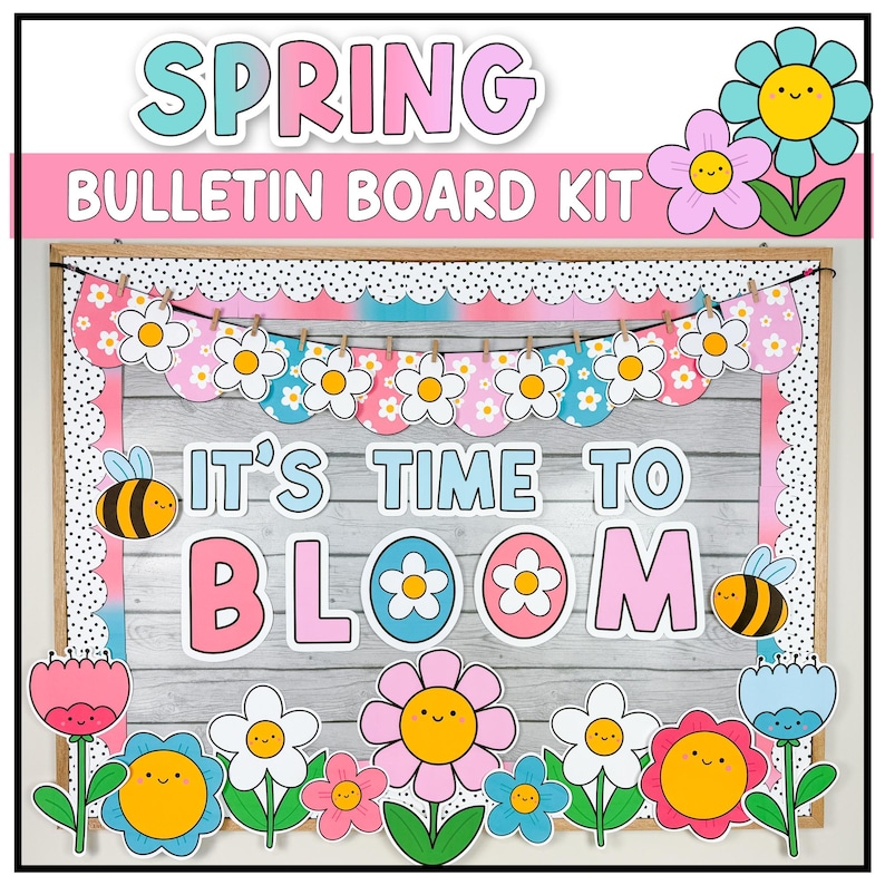 May include: A spring-themed bulletin board kit with a wooden background. The kit includes a banner with pink, blue, and white flowers, a title that says "Spring Bulletin Board Kit", and a large sign that says "It's Time To Bloom" with pink, blue, and white flowers. The kit also includes several individual flowers with happy faces.