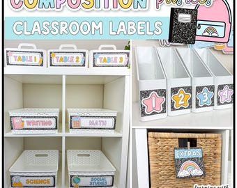 Classroom Labels & Book Bin Labels | Composition Notebook Classroom Decor Pastel