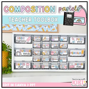 May include: A white plastic multi-drawer organizer labeled with colorful, pastel-themed stickers for classroom supplies. The labels feature text such as highlighters, rubber bands, paper clips, push pins, pencils, and binder clips, organized in a grid.