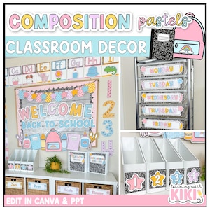 Composition Notebook Classroom Decor Bundle | Editable | Theme | Pastel | Printable | Canva and PowerPoint