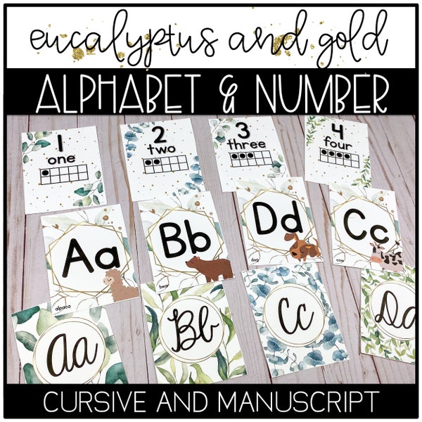 Eucalyptus and Gold Alphabet Posters | Botanical Classroom Decor | Number Posters