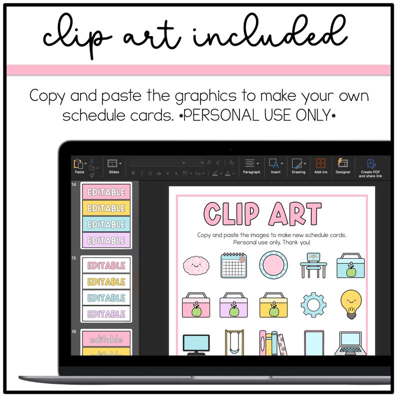 Puede incluir: Una pantalla de port&aacute;til muestra un conjunto de im&aacute;genes predise&ntilde;adas digitales. Las palabras "clip art incluido" est&aacute;n en la parte superior. La pantalla muestra tarjetas de programaci&oacute;n editables con varios iconos, incluyendo una nube, un calendario y una manzana. El texto "CLIP ART" tambi&eacute;n es visible.