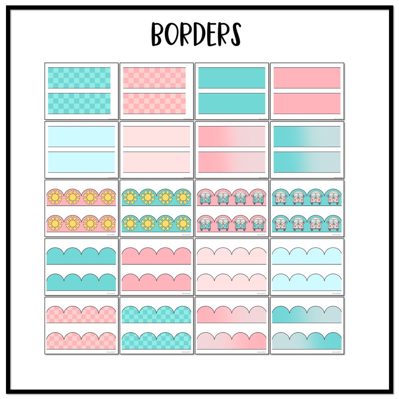 May include: A printable sheet featuring 18 different border designs. The borders are in a variety of colours and patterns, including checkered, solid, and gradient. The designs include sun, van, and wave patterns. The sheet is titled "Borders".