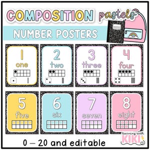 May include: A set of colorful number posters with the words "one" through "eight" displayed on individual cards. Each card features a number, its corresponding word, and a visual representation using a ten frame and dice. The posters are designed with a pastel color scheme.