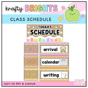 Peut inclure: Un modèle numérique d'emploi du temps de classe intitulé Krafty Brights avec un graphique de pomme vert clair. Il comprend un en-tête Today's Schedule et trois créneaux horaires : 8:30 pour l'arrivée, 8:45 pour le calendrier et 9:00 pour l'écriture.