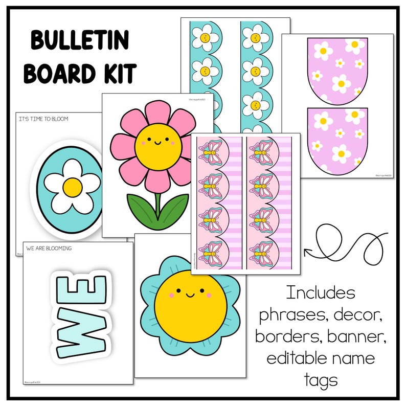 May include: A bulletin board kit with a spring theme. It includes phrases, decor, borders, a banner, and editable name tags. The kit features flowers, butterflies, and the text "It's time to bloom" and "We are blooming".